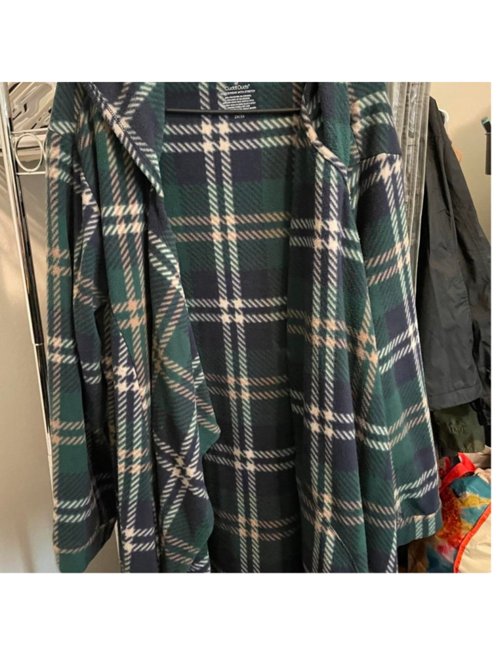 Green, white and beige plaid polyester & spandex fleece jacket in a 2X/3X #plaid